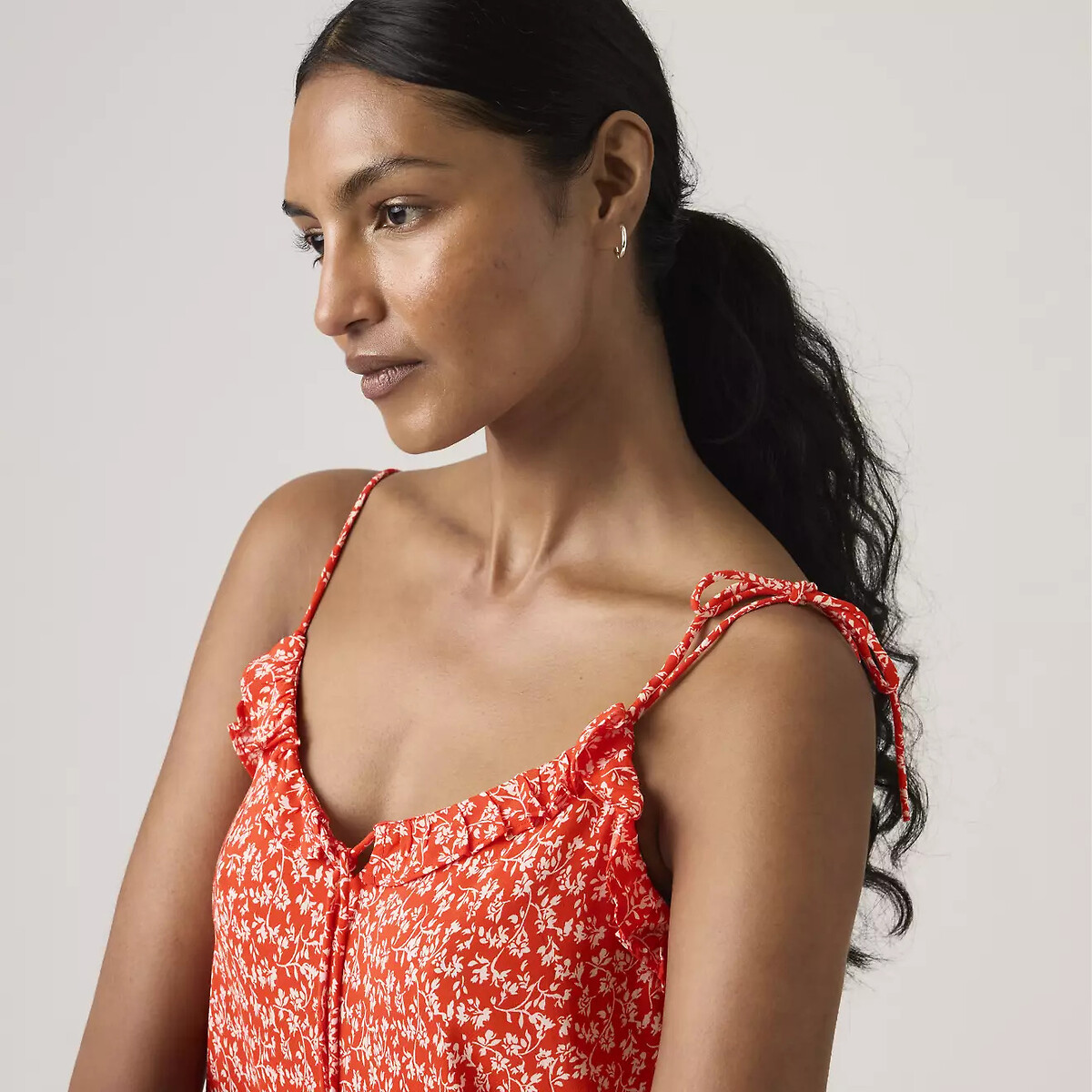 Midi-jurk met bloemenprint en fijne schouderbandjes bedrukt rood, LEVI'S
