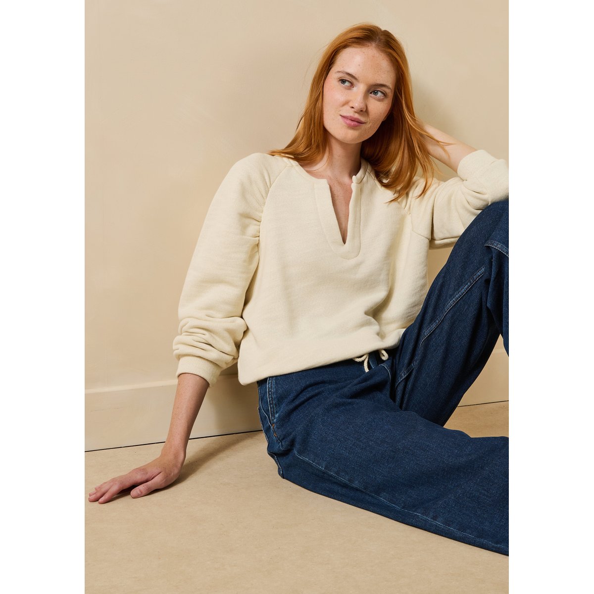 Sweatshirt manches longues en coton biologique ecru, LA FEE MARABOUTEE