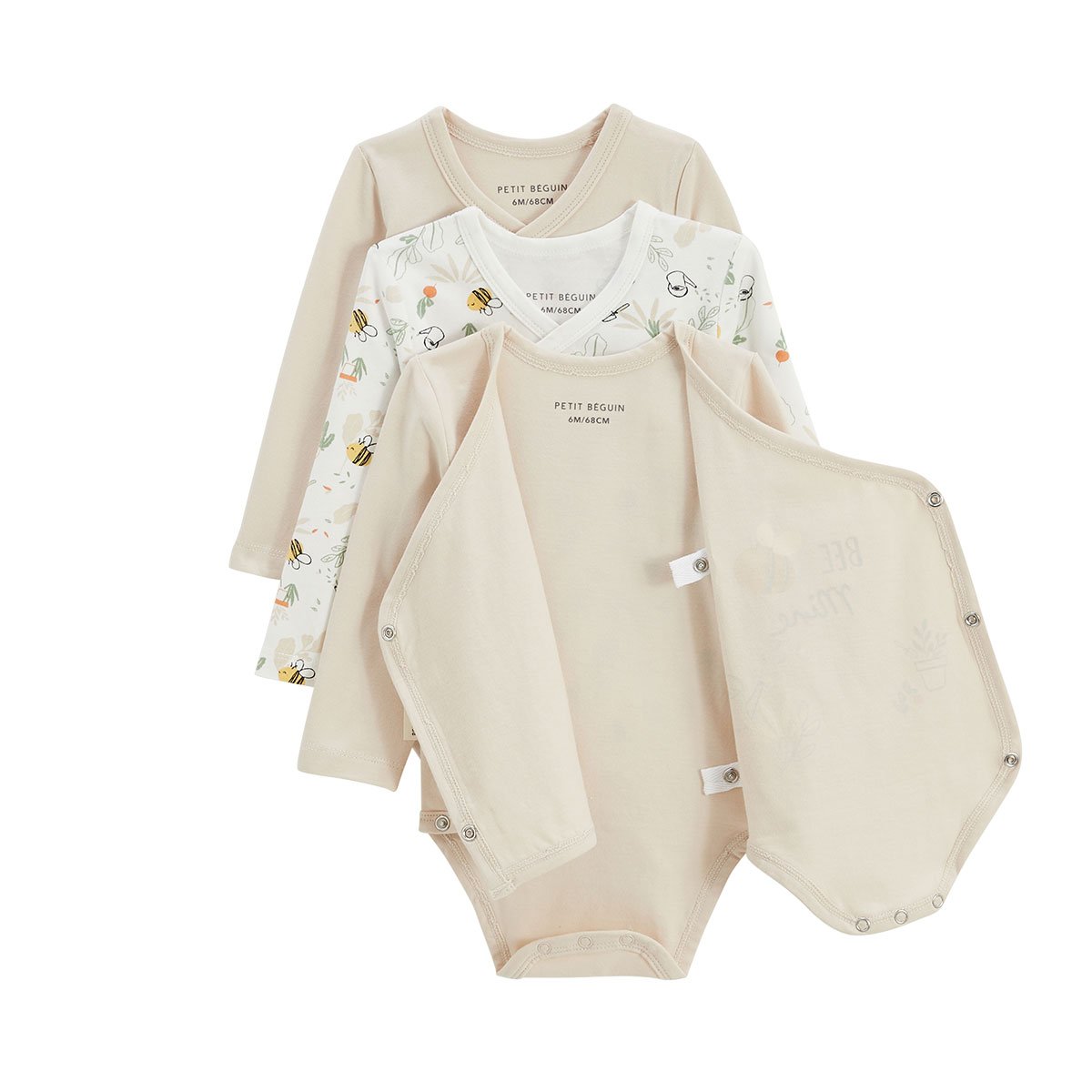 Lot de 3 bodies bébé manches longues ouverture croisée Eden beige, PETIT BEGUIN