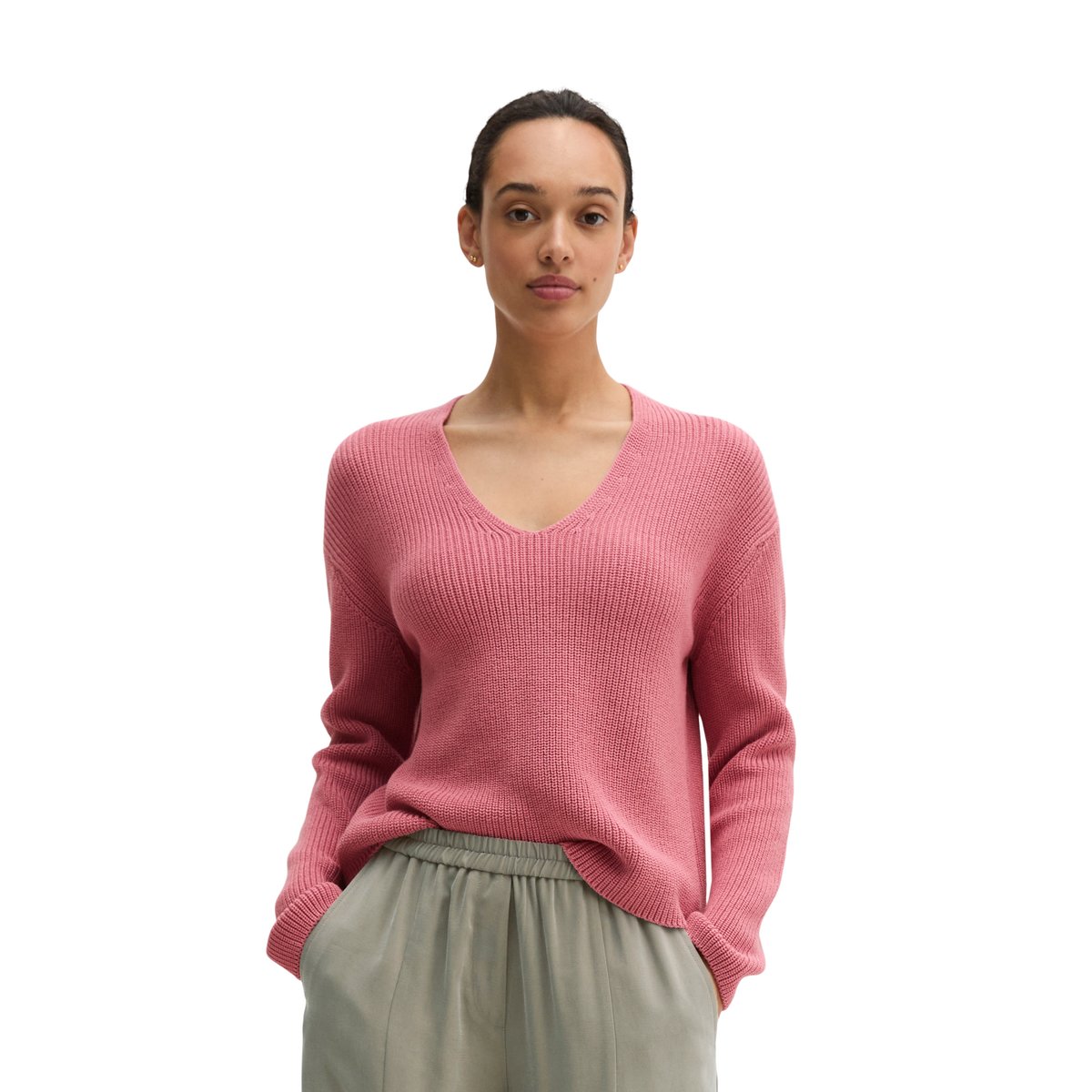 Pull ras du cou en V relaxed en qualité Organic Cotton rose bonbon, MARC O'POLO