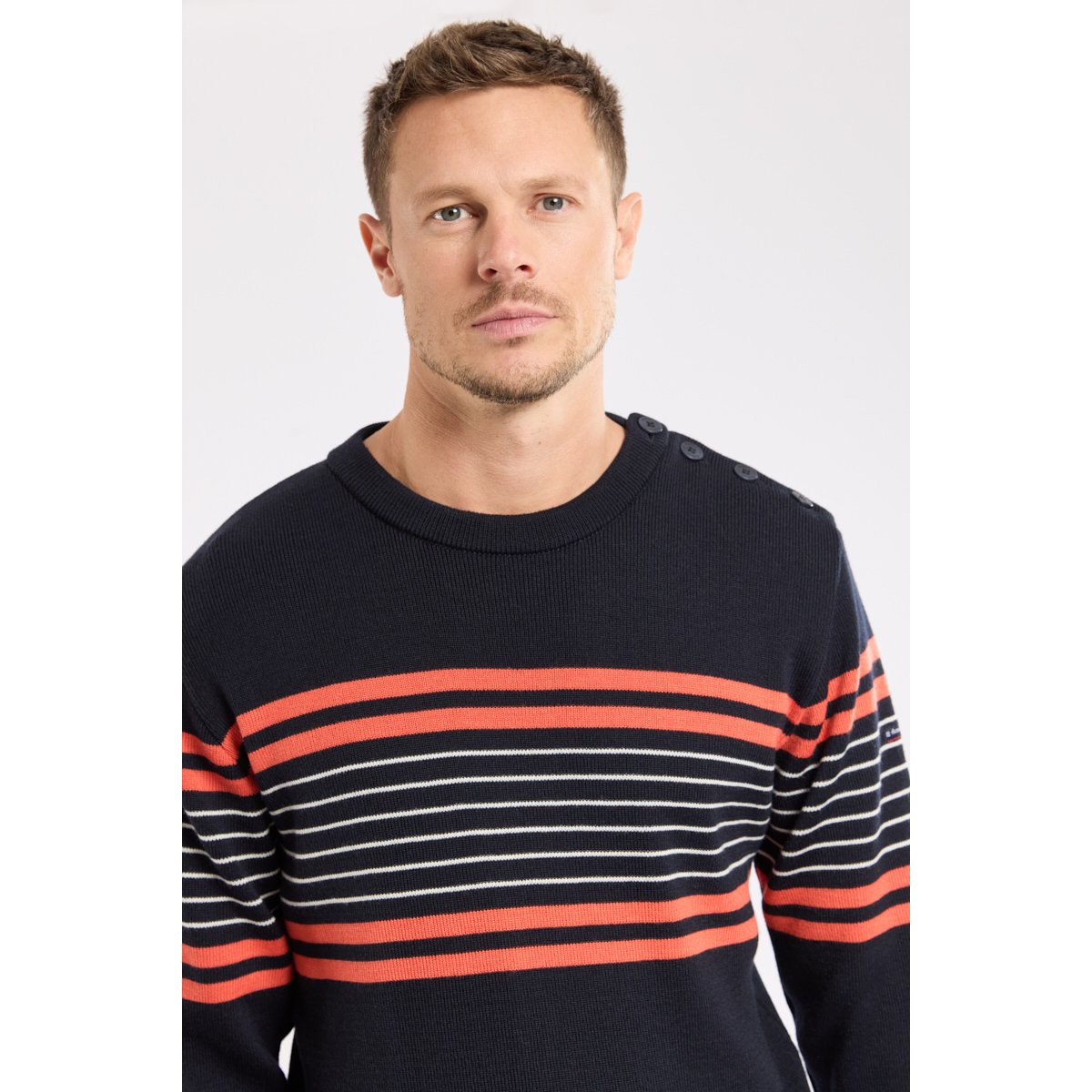Pull marin rayé en laine pour homme navire/paprika h25/milk, ARMOR-LUX