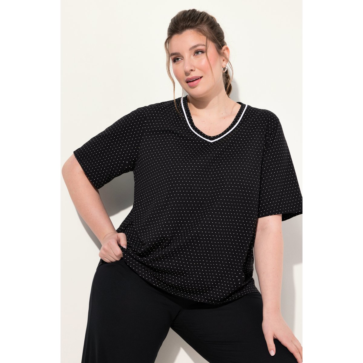 Lot de 2 T-shirts de pyjama, pois/uni noir, ULLA POPKEN