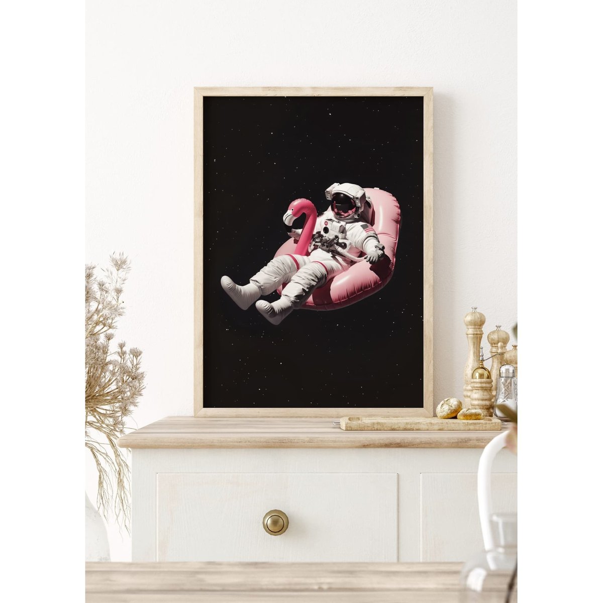 Affiche Astronaute sur Bouée Flamant Rose blanc, L'AFFICHERIE