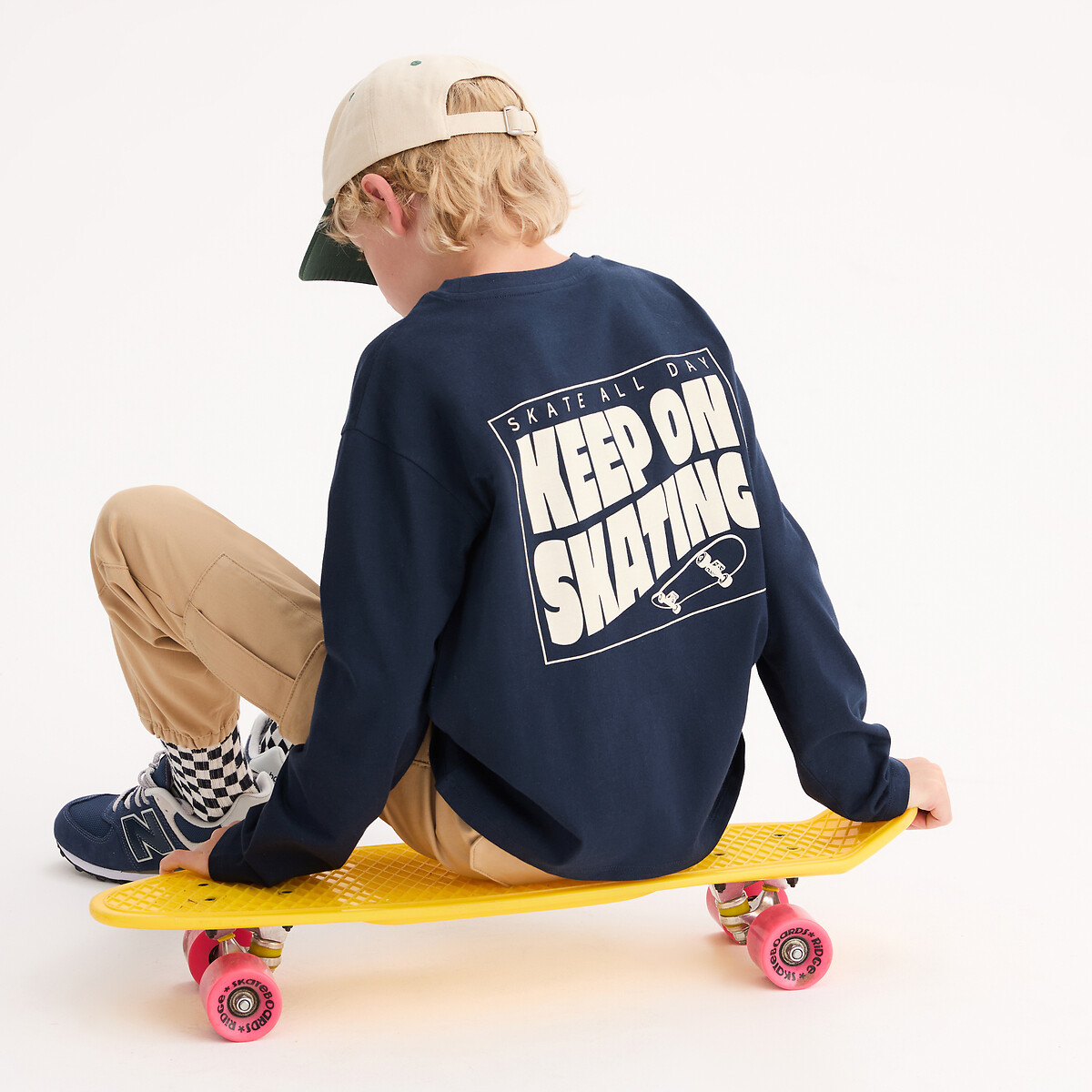 T-shirt manches longues imprimé devant et au dos bleu marine, LA REDOUTE COLLECTIONS