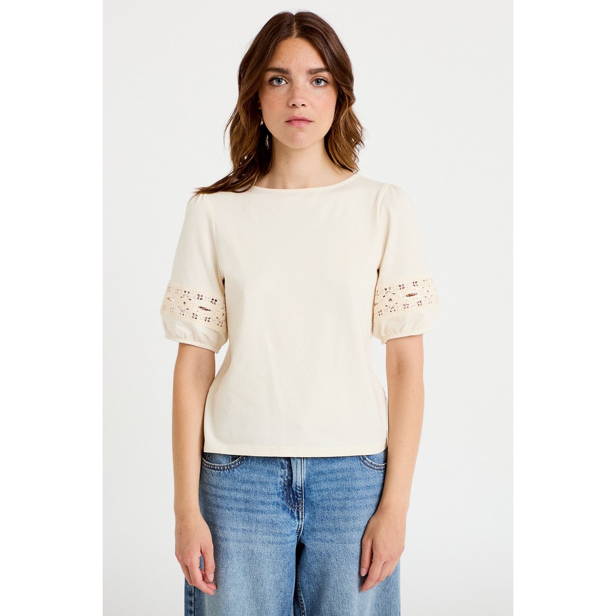 T-shirt col rond manches courtes ecru, CACHE CACHE