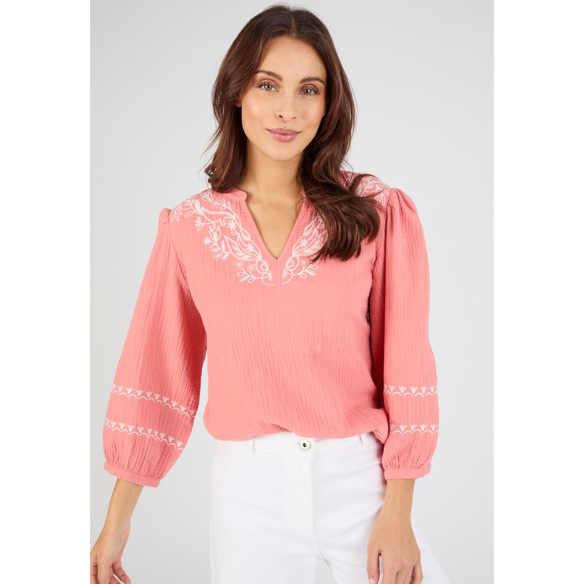 Blouse brodée en gaze de coton rose pêche, DAMART