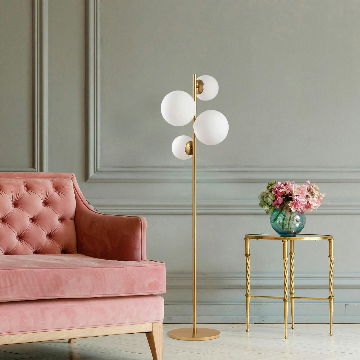 Lampadaire art déco doré, 4 globes verre dépoli SIERRE doré, PIER IMPORT
