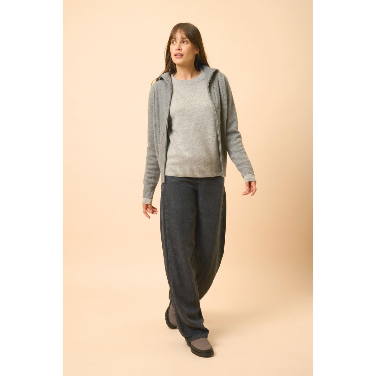 Gilet Zippé Col Camionneur 4 Fils Flanelle Chiné Talara gris chiné, JUST CASHMERE