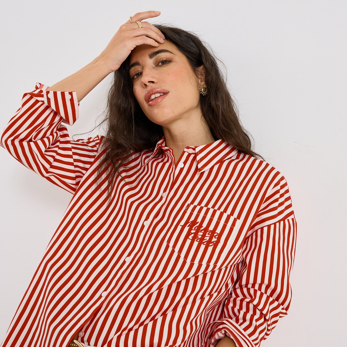 Chemise à rayures avec broderie orange rouge, GRAIN DE MALICE