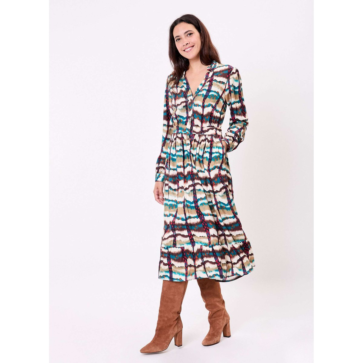 Robe midi fluide volants URIKA beige biscuit, LA FIANCÉE