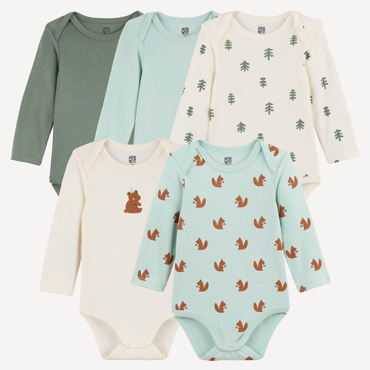 Lot de 5 bodies manches longues, emmanchures américaines, arbres et animaux assortis, LA REDOUTE COLLECTIONS