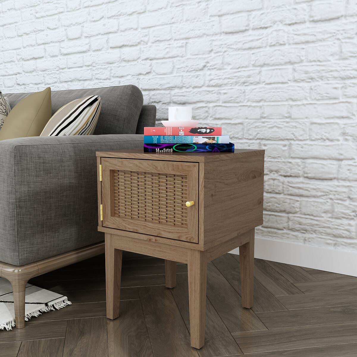 Boho Oak Rattan Bedside Table with Cupboard oak, SO'HOME