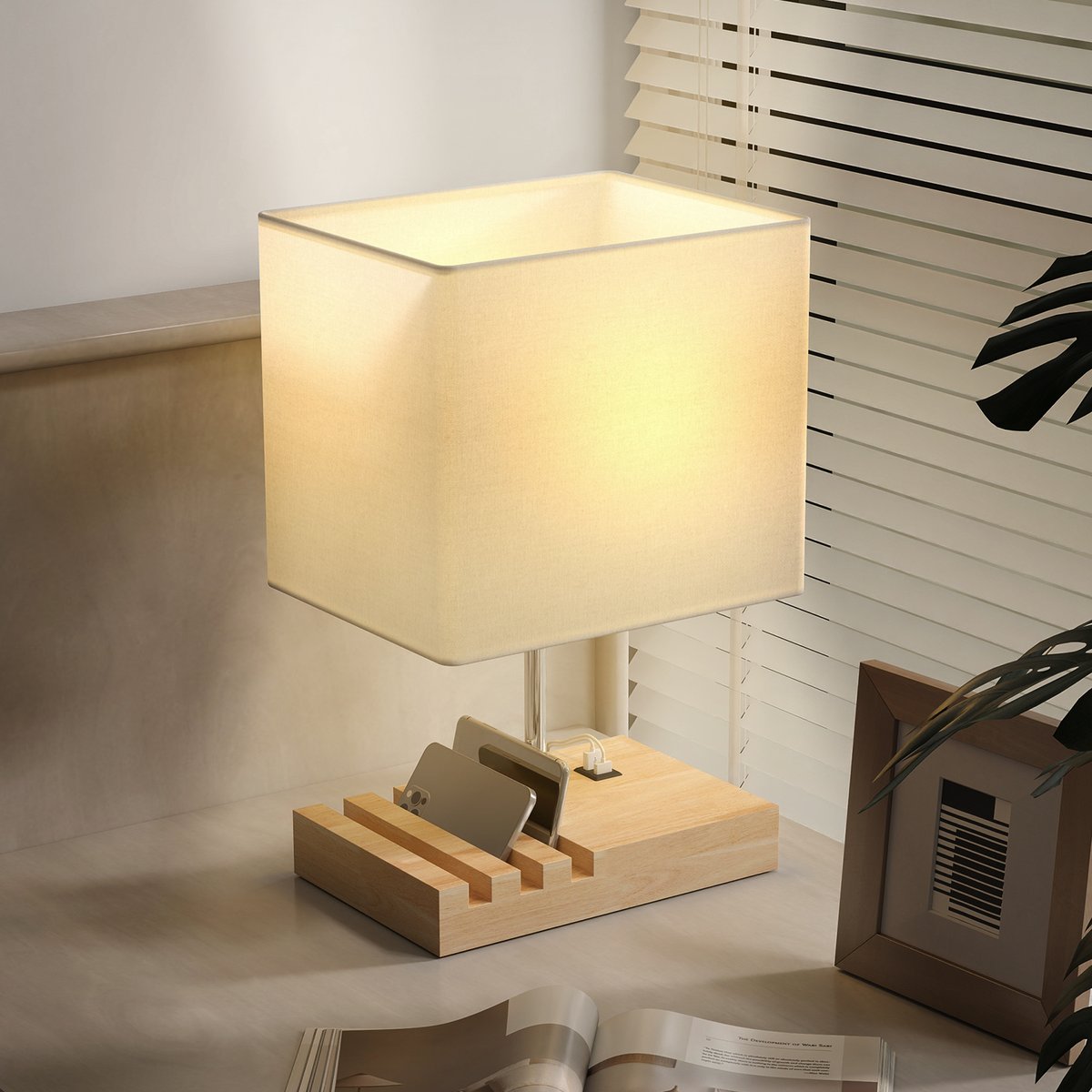 Lampe de table Bois Blanc blanc, bois naturel, chromé, HOMCOM