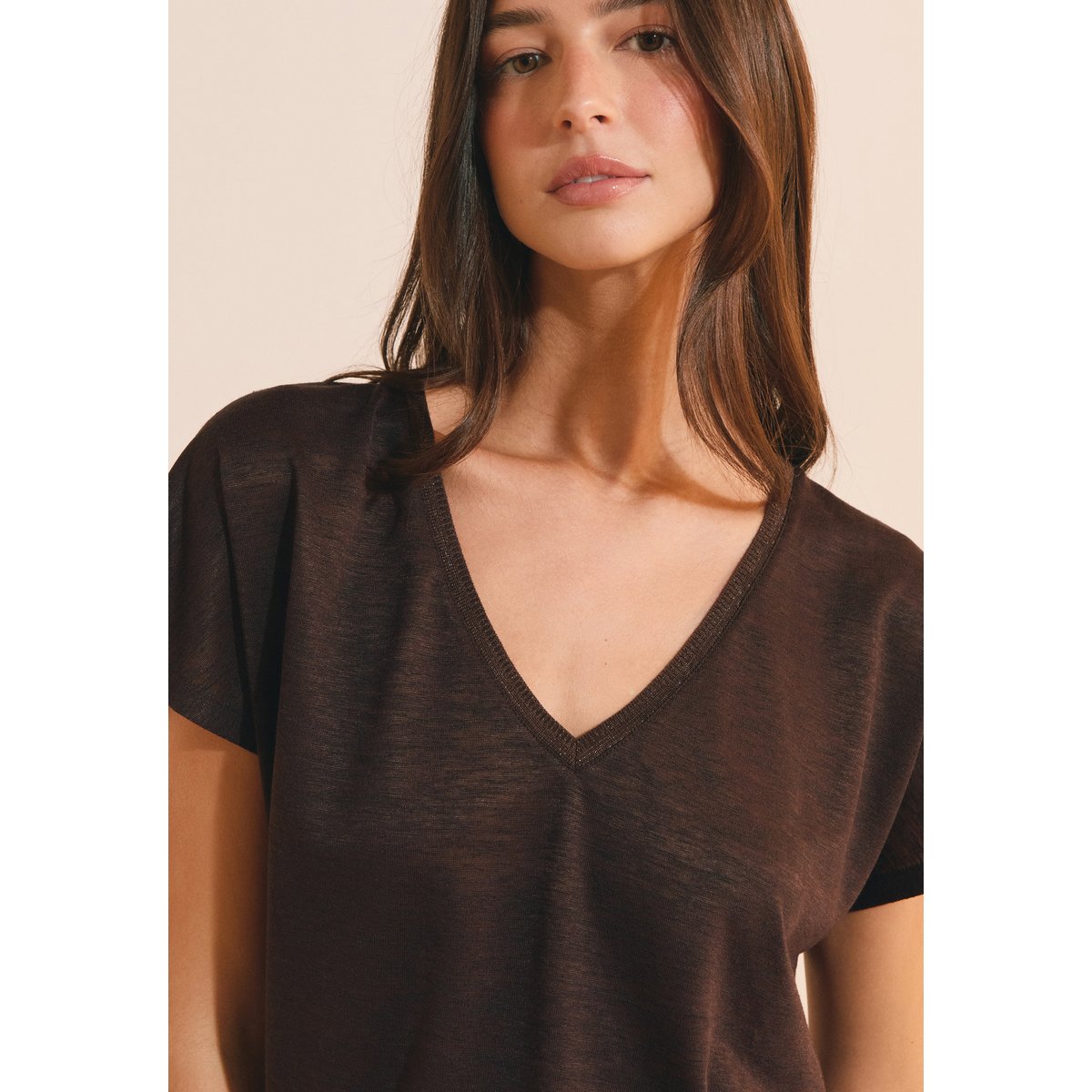 T-shirt manches courtes col V TANGO TS marron, ETAM