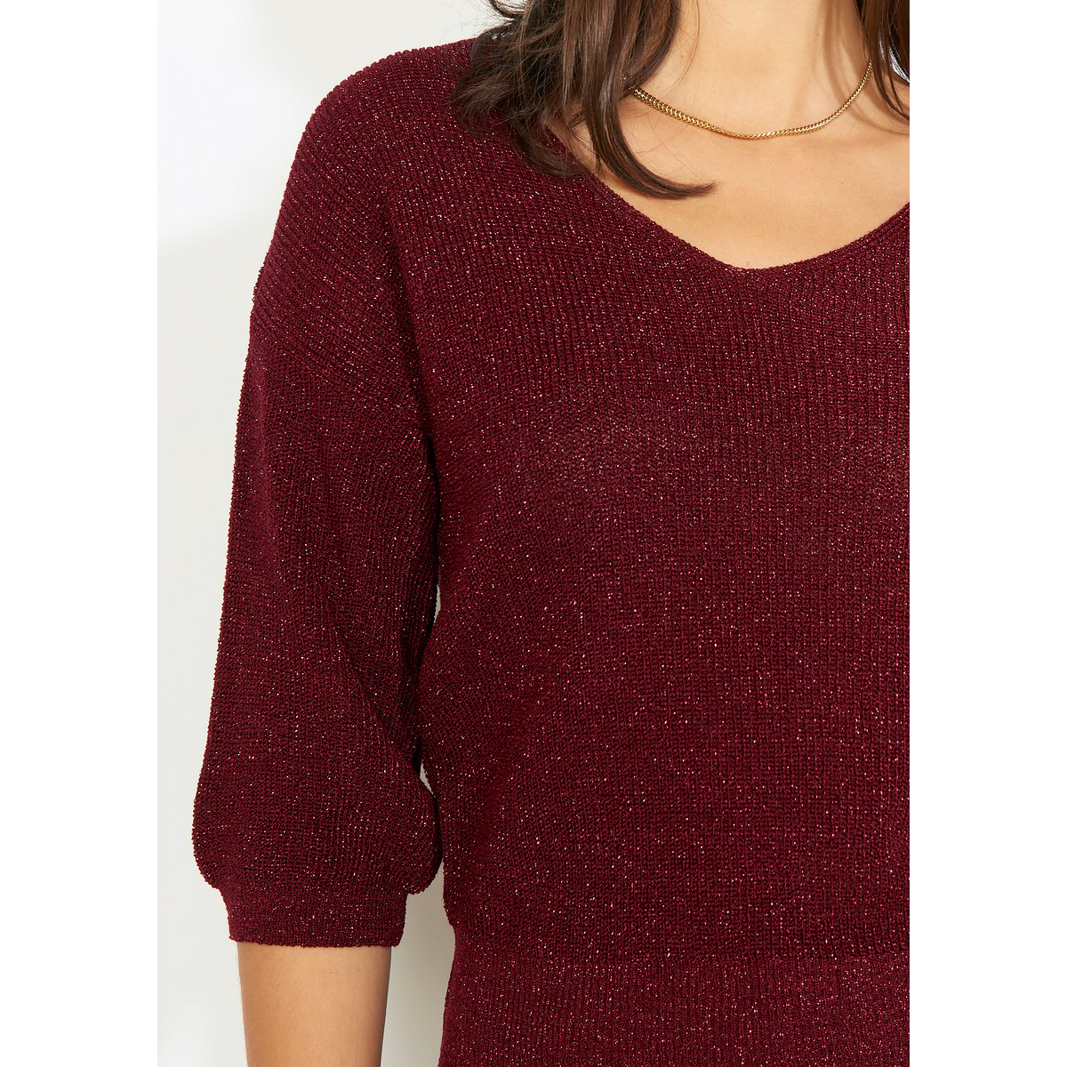 Pull brillant col V aubergine, LOLALIZA