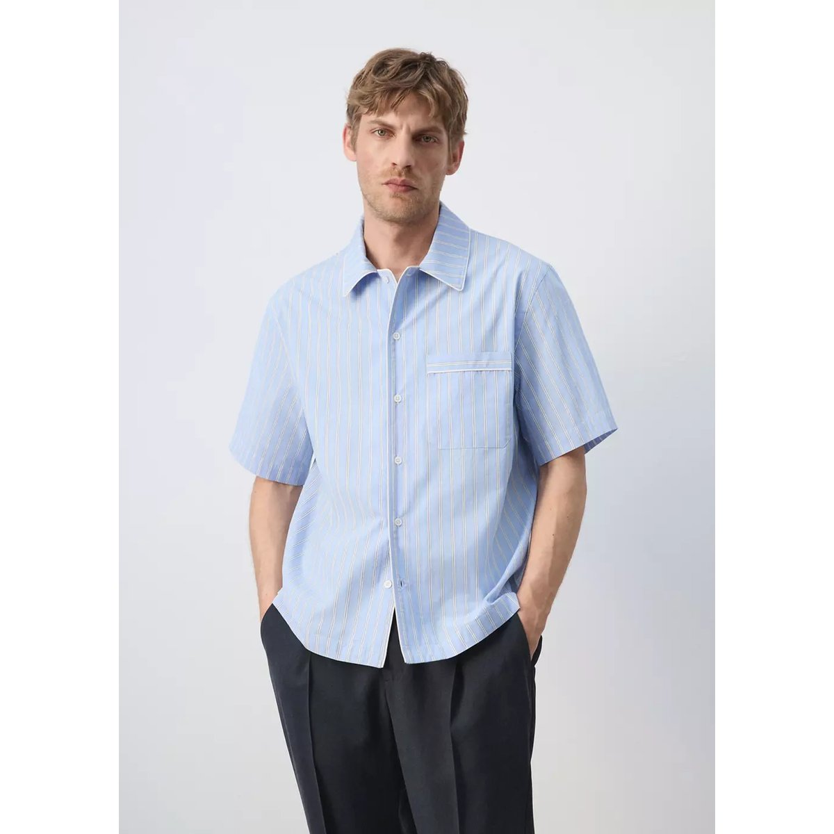 Chemise 100 % coton rayures bleu ciel, MANGO MAN