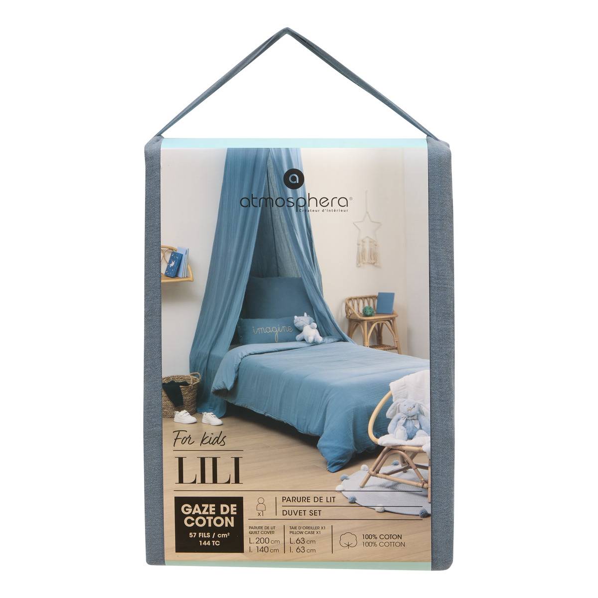 Parure de lit en double gaze de coton LILI bleu gris, ATMOSPHERA FOR KIDS