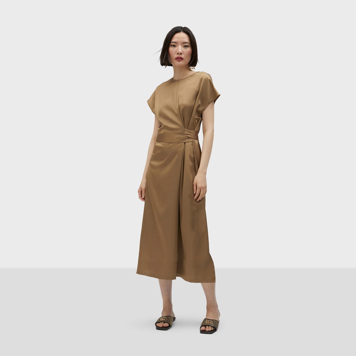 Robe longue ceinturée à manches courtes bronze, LOLA CASADEMUNT