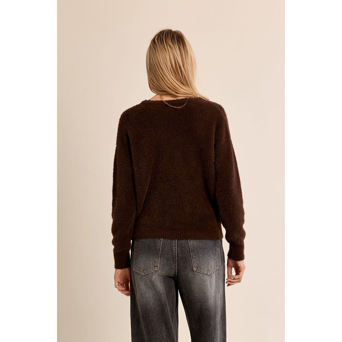 V-Neck Jumper with Lace Detailing chocolate brown, MOLLY BRACKEN