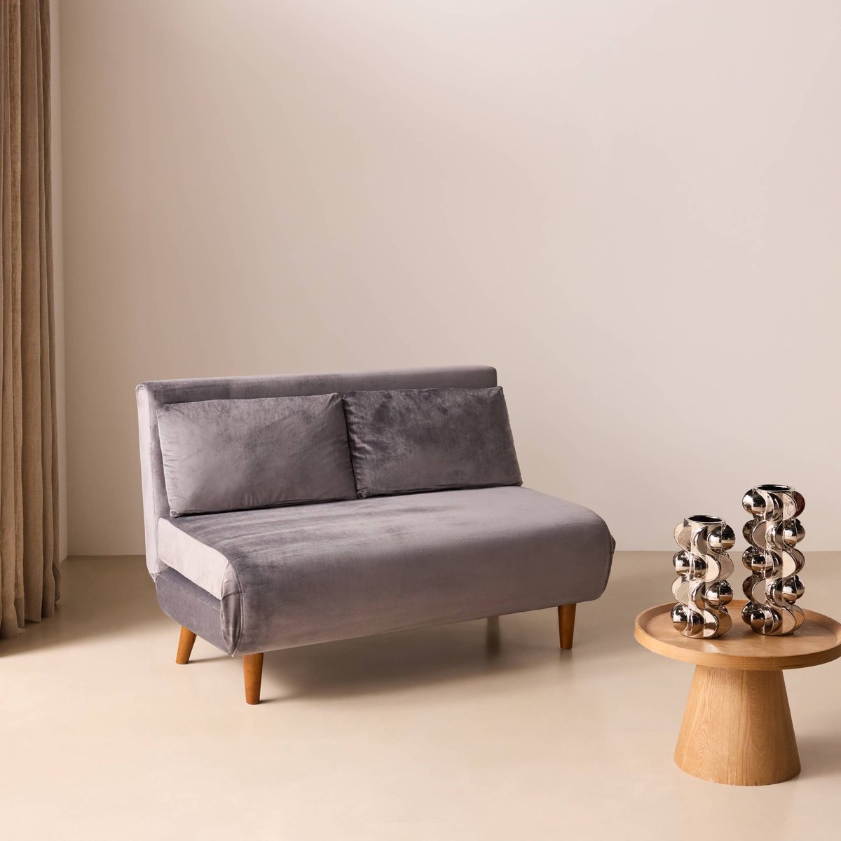 Canapé convertible 2 places velours, pieds bois GUESTA gris foncé, SWEEEK