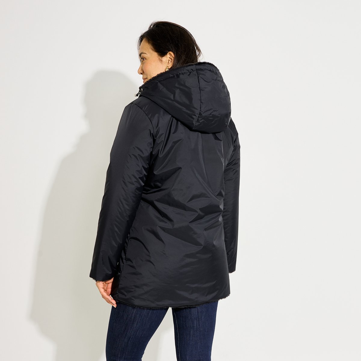 Manteau d'hiver mi-long à capuche noir, GRAIN DE MALICE