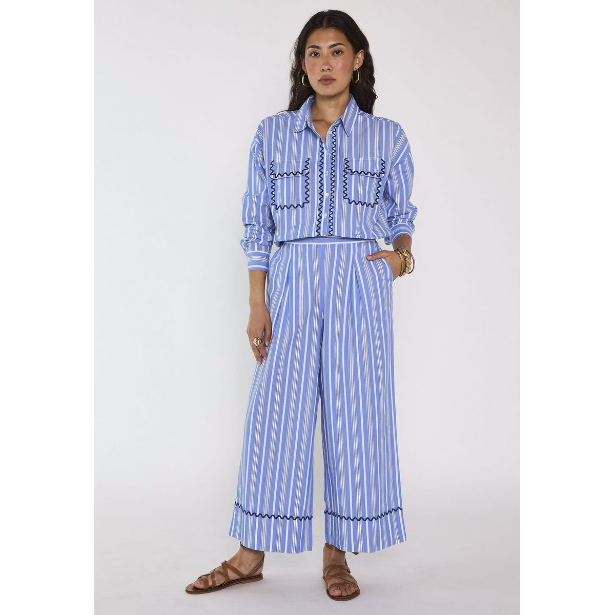Pantalon rayé droit en coton LOUISETTE bleu roi, Maison 123