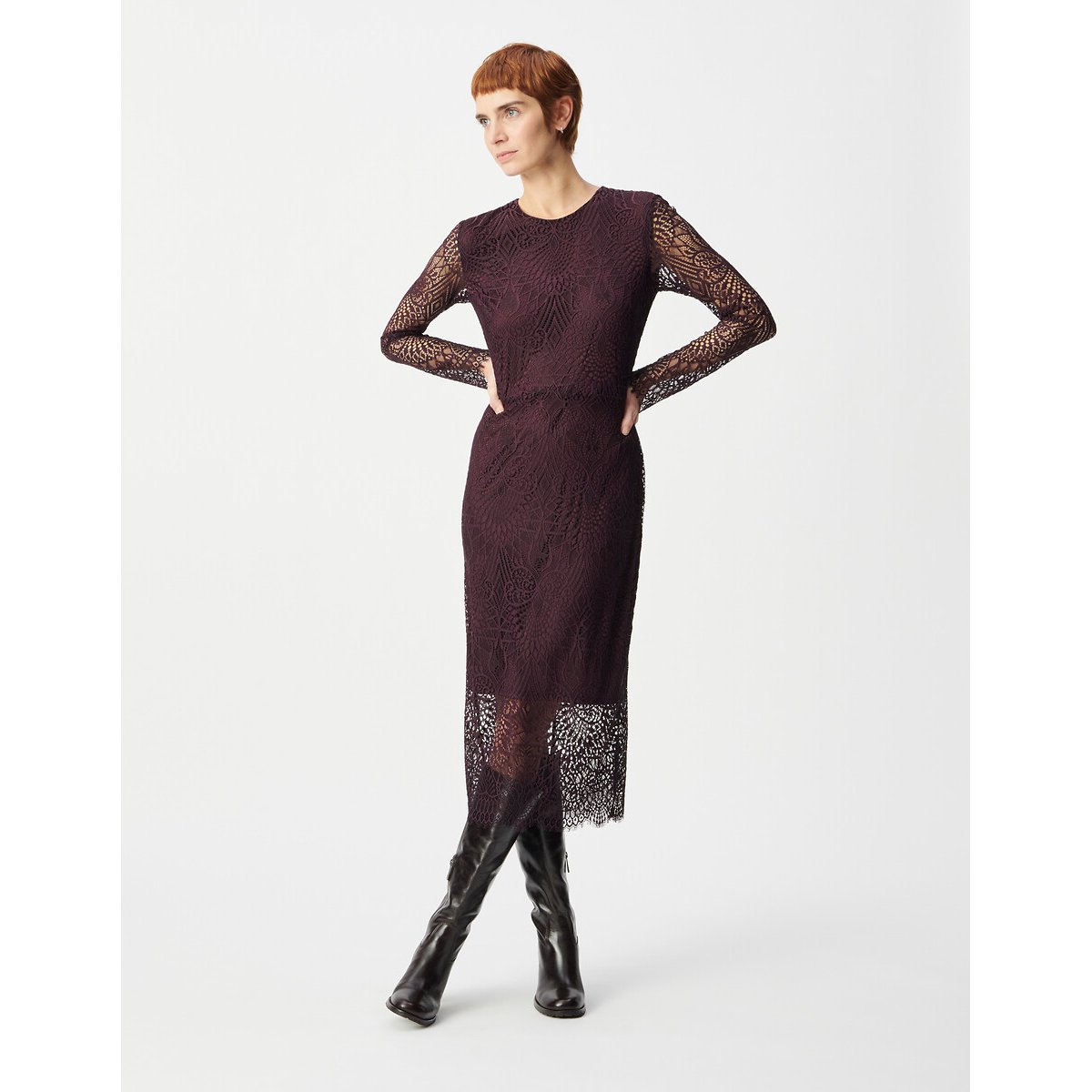 Vestido comprido de renda com gola redonda bordeaux, IKKS