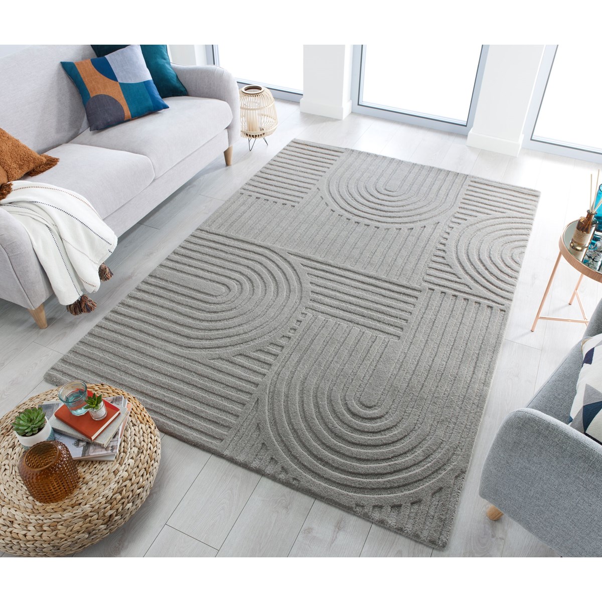 Tapis salon et chambre pure laine fait main SUNRISE gris, NOVATREND