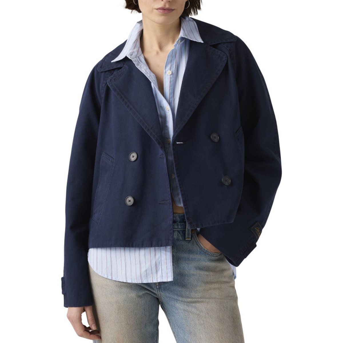 Manteau trench en coton marine uni avec une coupe droite et un col à revers bleu foncé, LEVI'S
