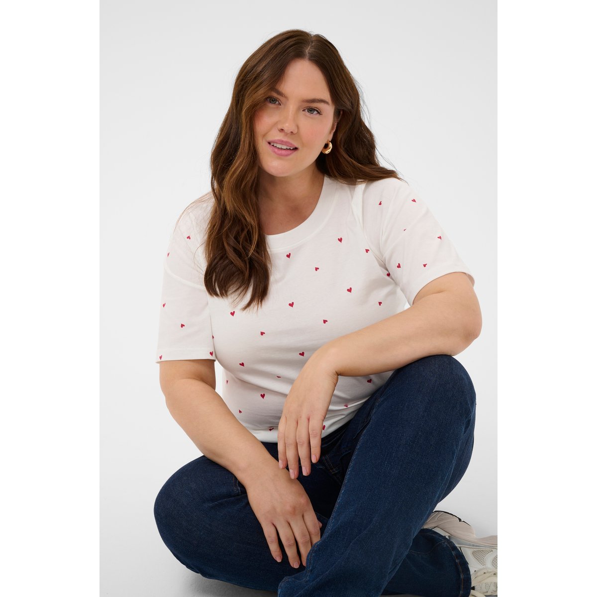 T-shirt à manches courtes blanc chalk w. red hearts, KAFFE CURVE
