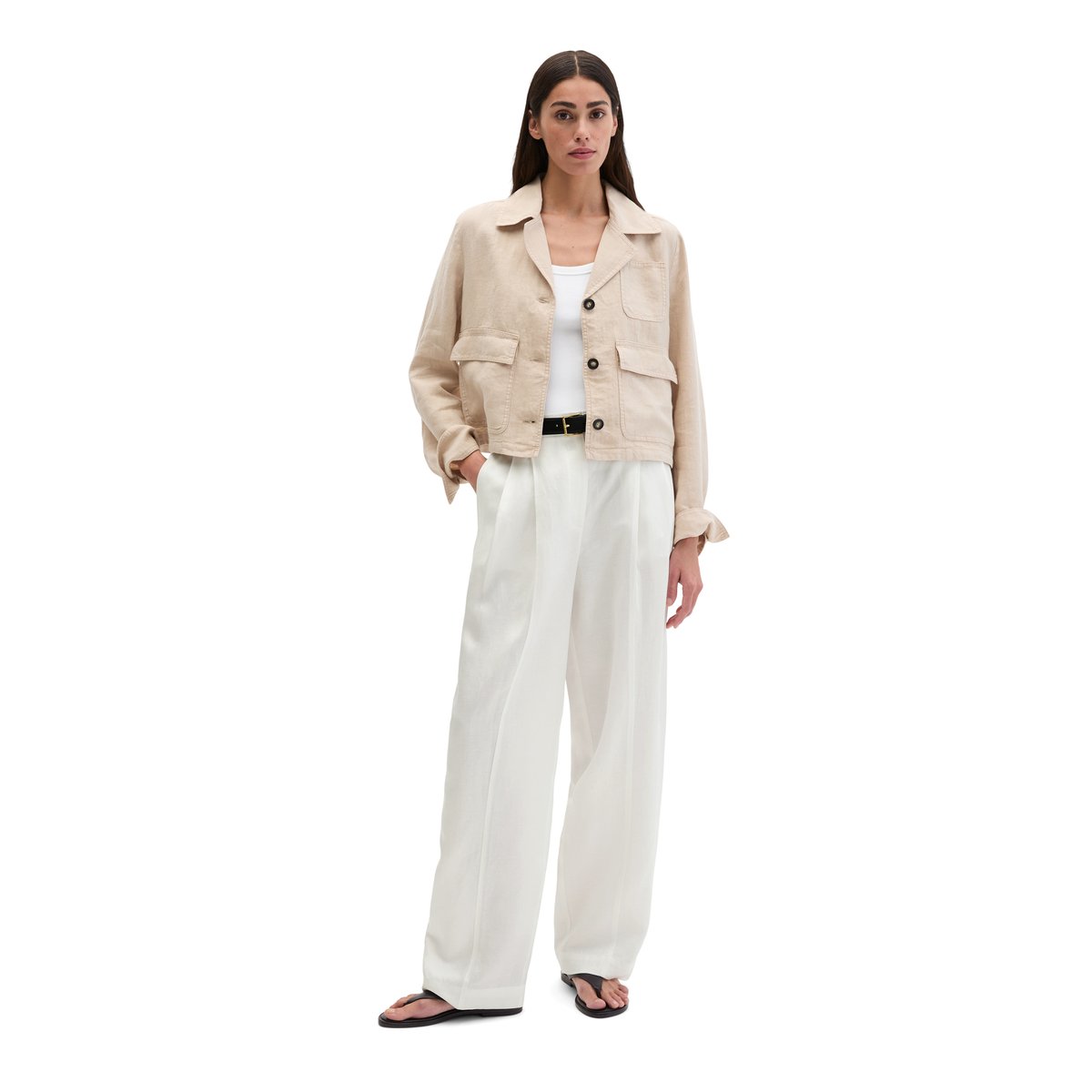 Veste en lin straight avec poches plaquées beige, MARC O'POLO