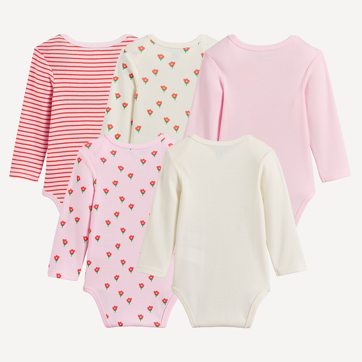 Lot de 5 bodies emmanchures américaines manches longues, coton, fleurs et rayé assortis, LA REDOUTE COLLECTIONS