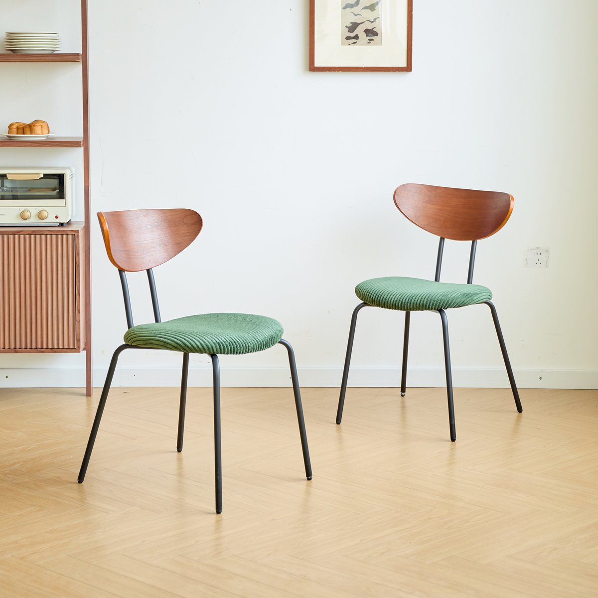 Lot de 2 chaises de salle à manger en bois, métal et velours côtelé, NIBE vert, NORDLYS