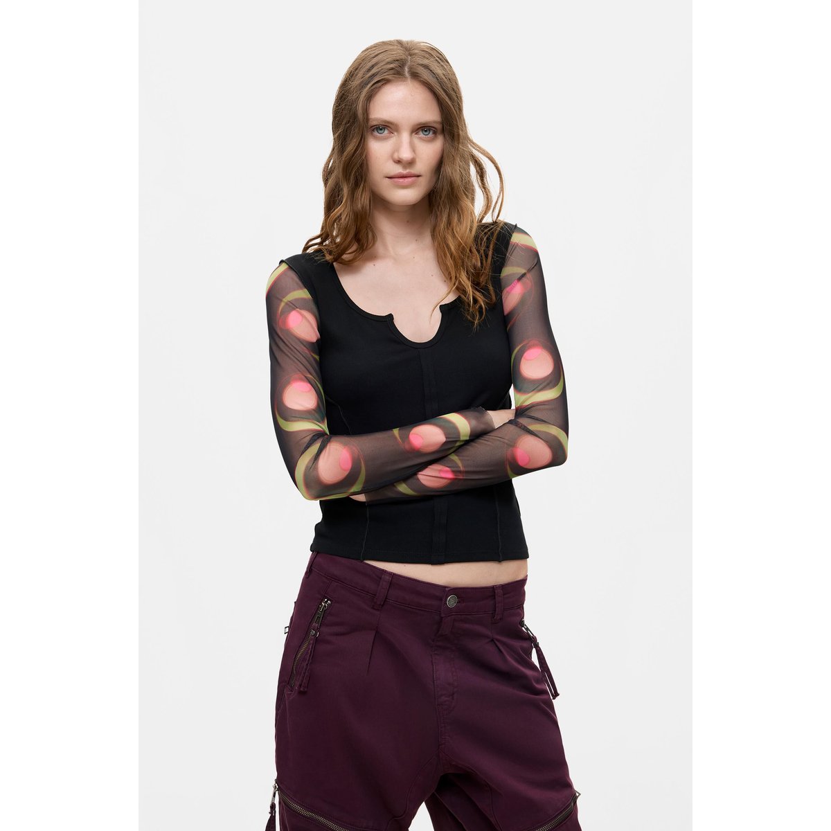 T-shirt à manches longues imprimé noir, DESIGUAL