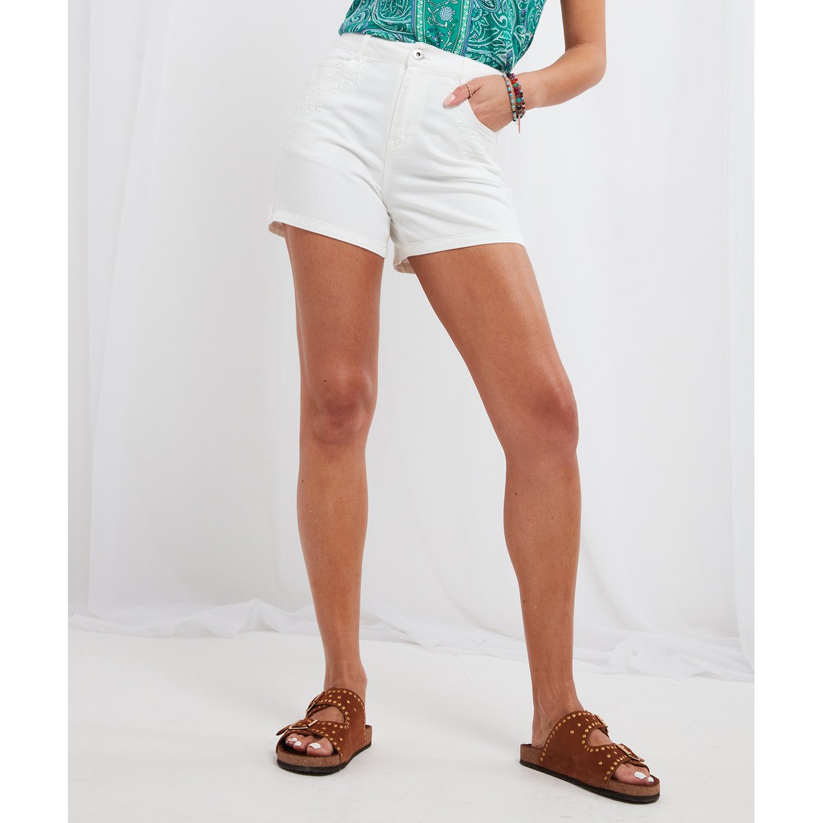 Short Denim Blanc Classique Poche Brodée blanc, JOE BROWNS