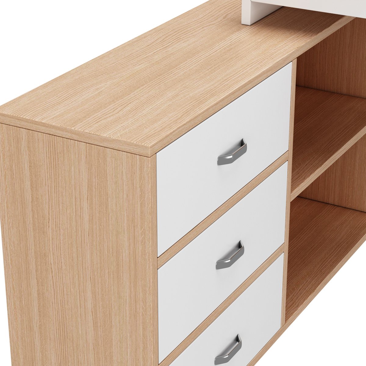 Bureau multifonction L-type avec 3 tiroirs et 2 niches style industriel, DOBBY hêtre, MEUBLES COSY