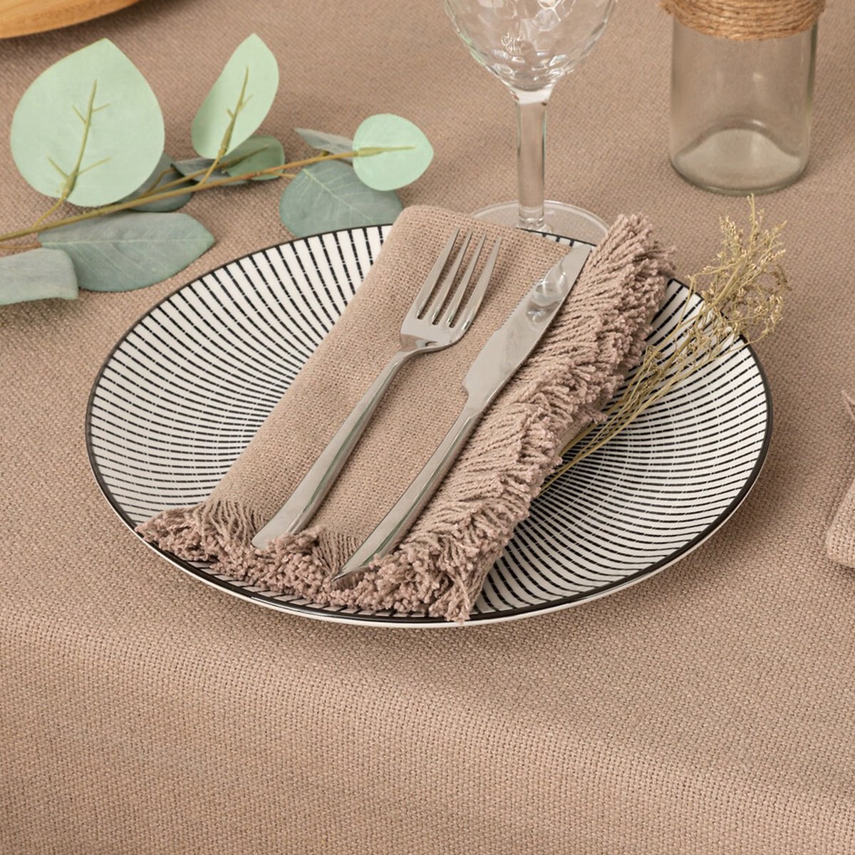 2 Serviettes de tables a franges en coton gris, EDEN