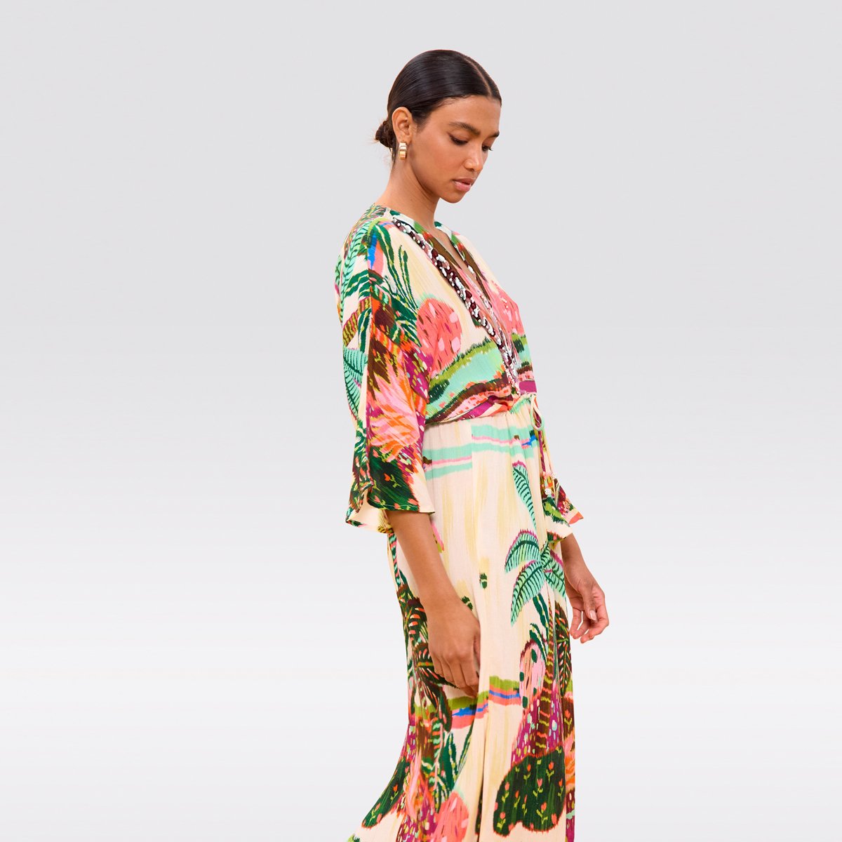 Robe longue fluide imprimée à dos nu ecru, LOLA CASADEMUNT