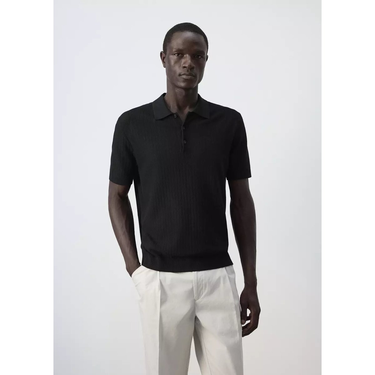 Polo maille fine côtelée noir, MANGO MAN