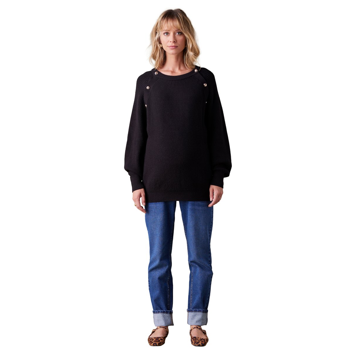 Pull grossesse boutonné en côtes perlées noir, ENVIE DE FRAISE