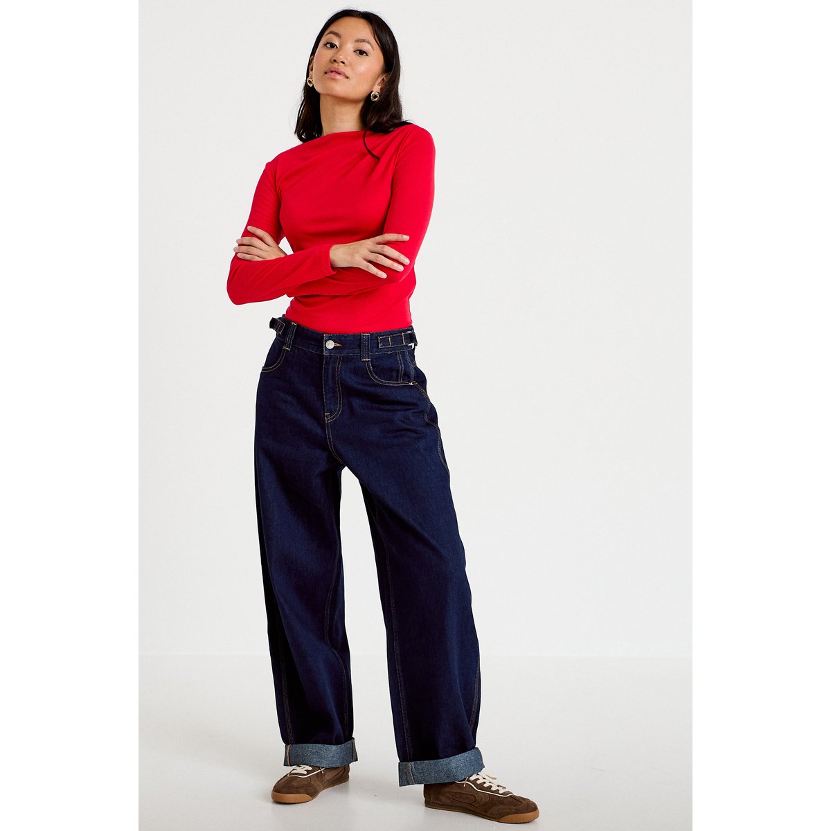 Jean barrel long en coton denim brut, CACHE CACHE