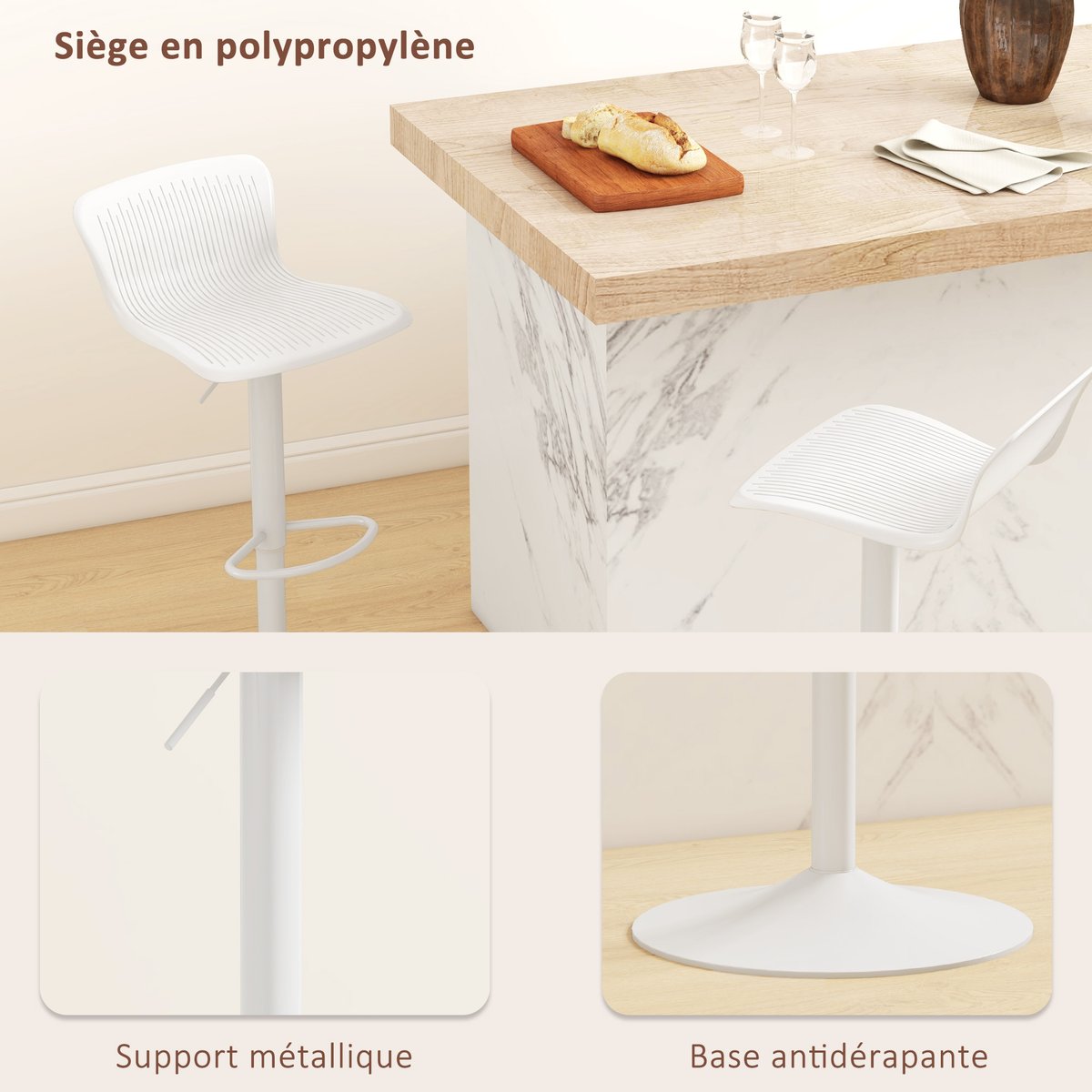 Tabouret de bar Polypropylène Blanc blanc, HOMCOM