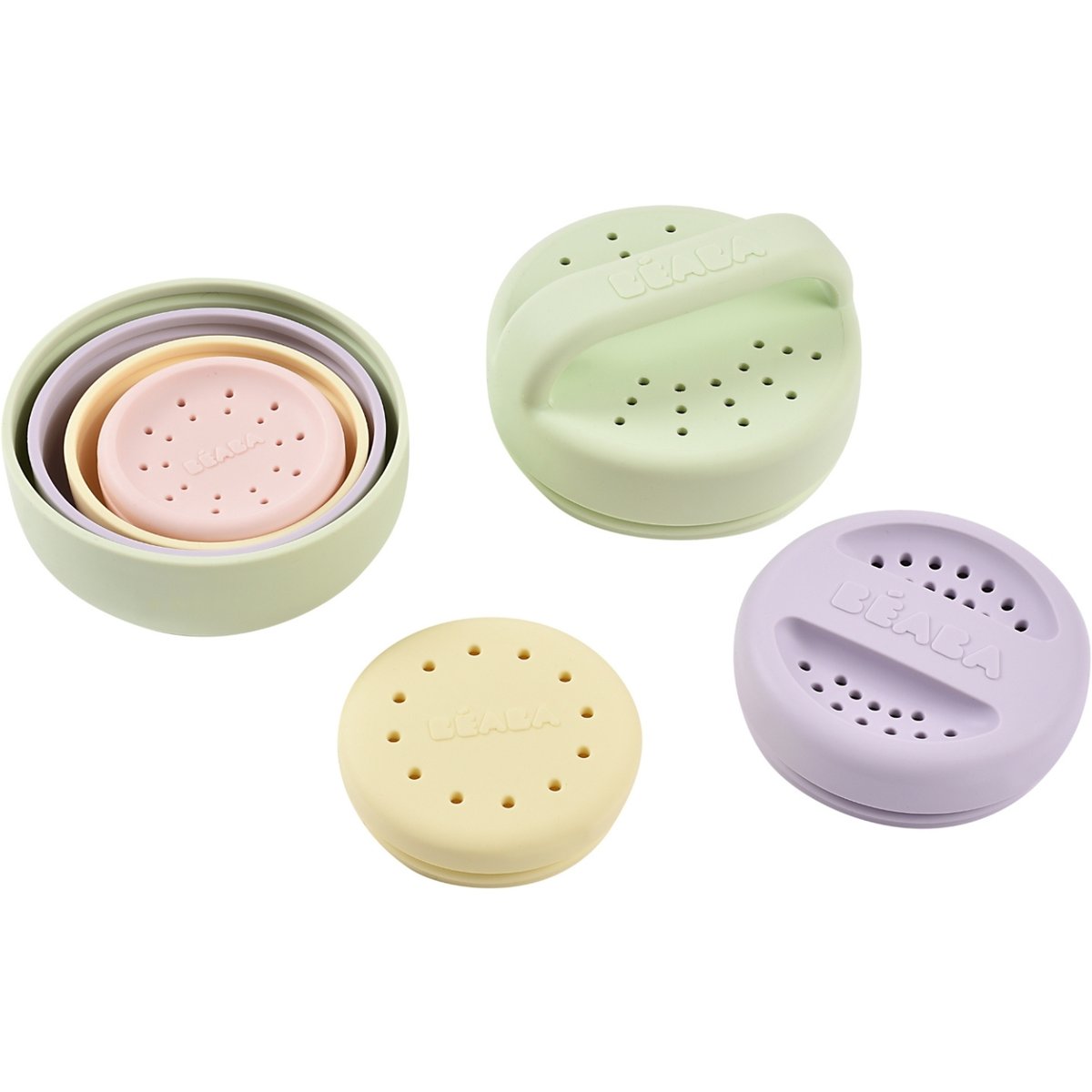 Coffret panier Galet + jouets de bain silicone gris, rose, vert, BEABA