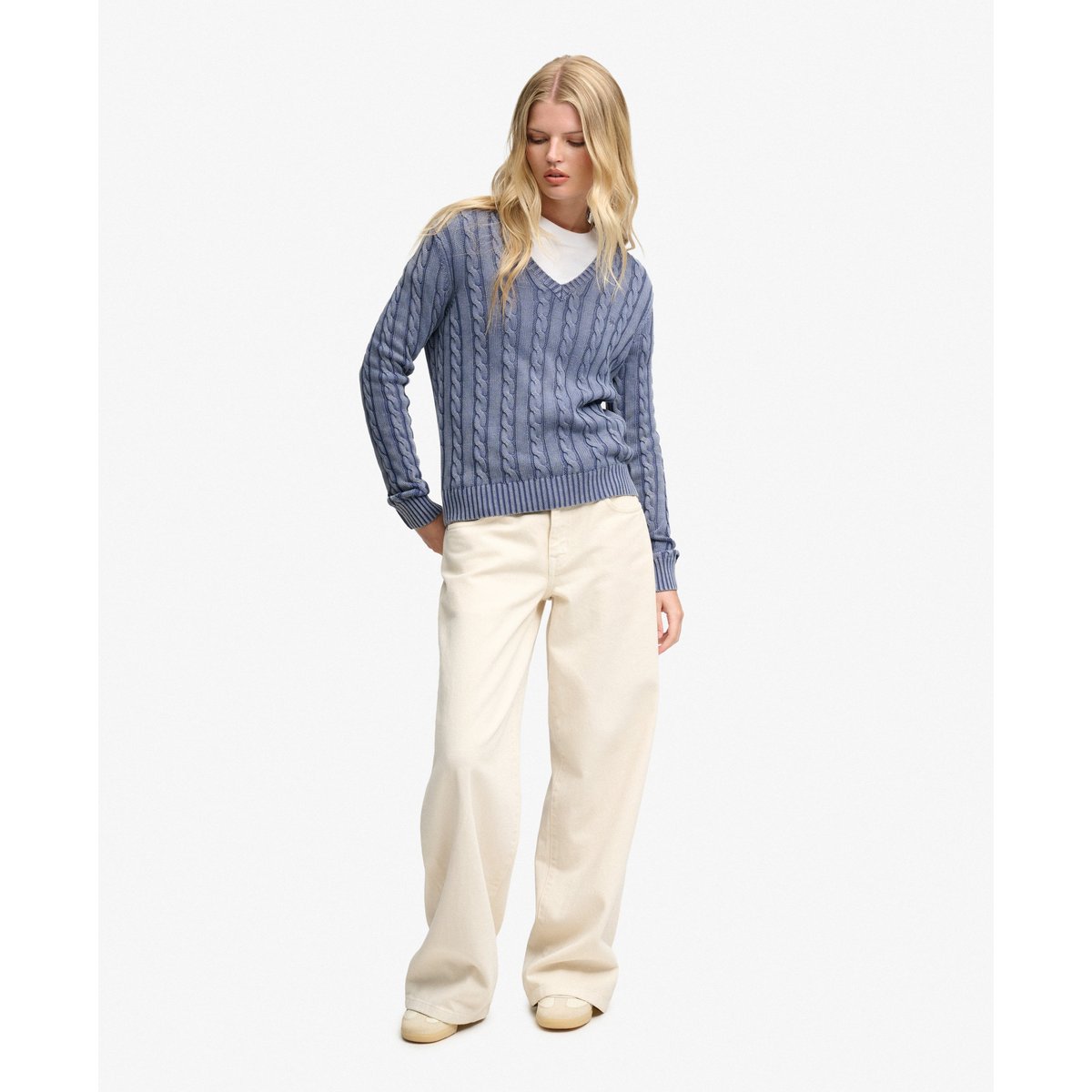 Pull Cable Washed V Neck Coupe Ajustée bleu marine matelot, SUPERDRY