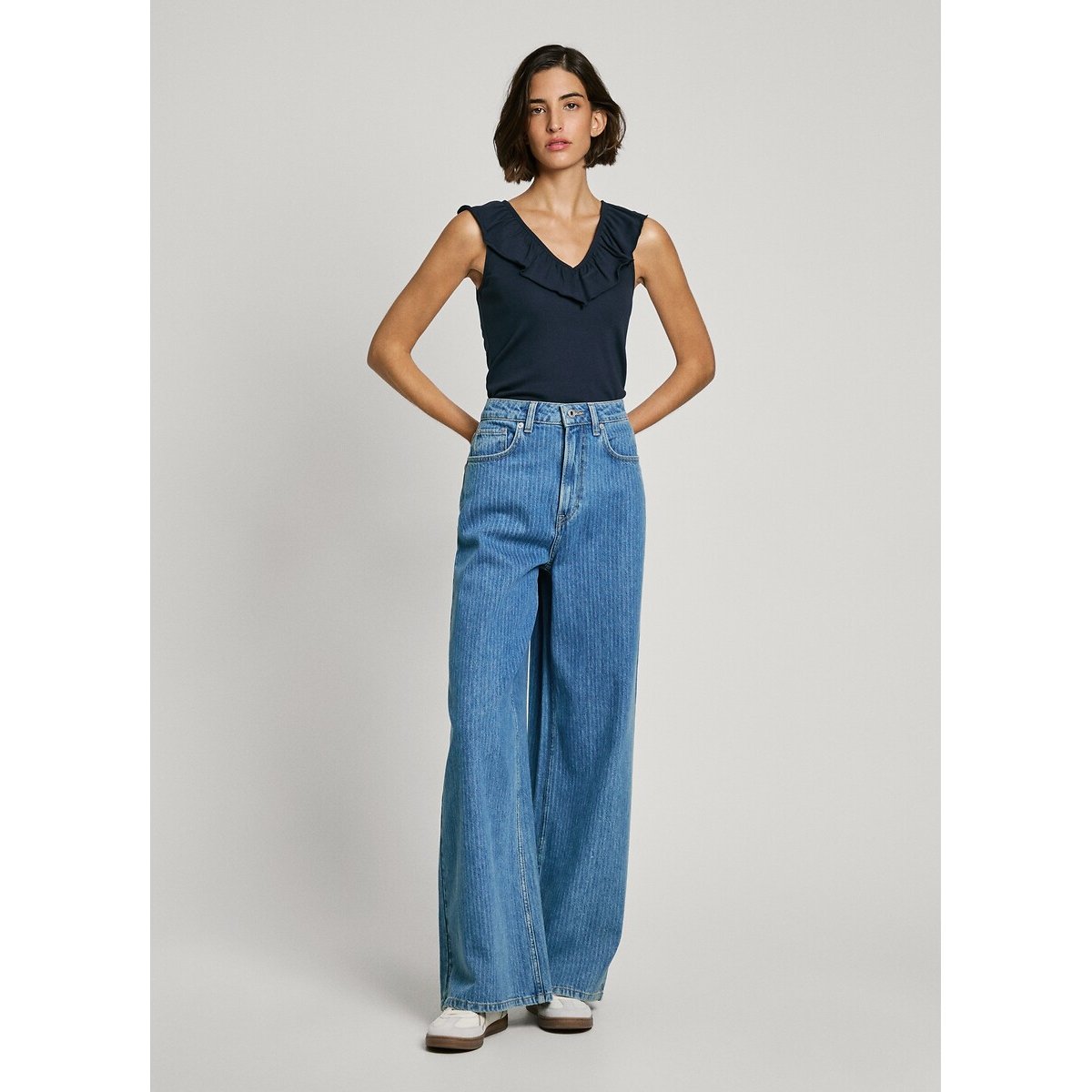 V-Neck, Ruffled, Ribbed T-Shirt midnight blue, PEPE JEANS