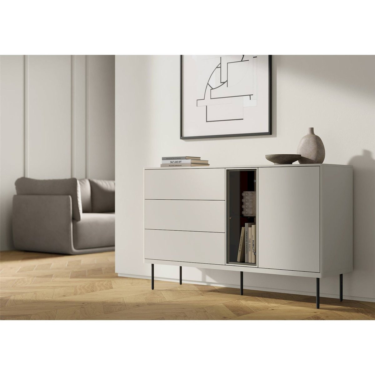 Buffet vitrine bois collection EPIRO beige gris et chêne foncé, RECOLLECTION
