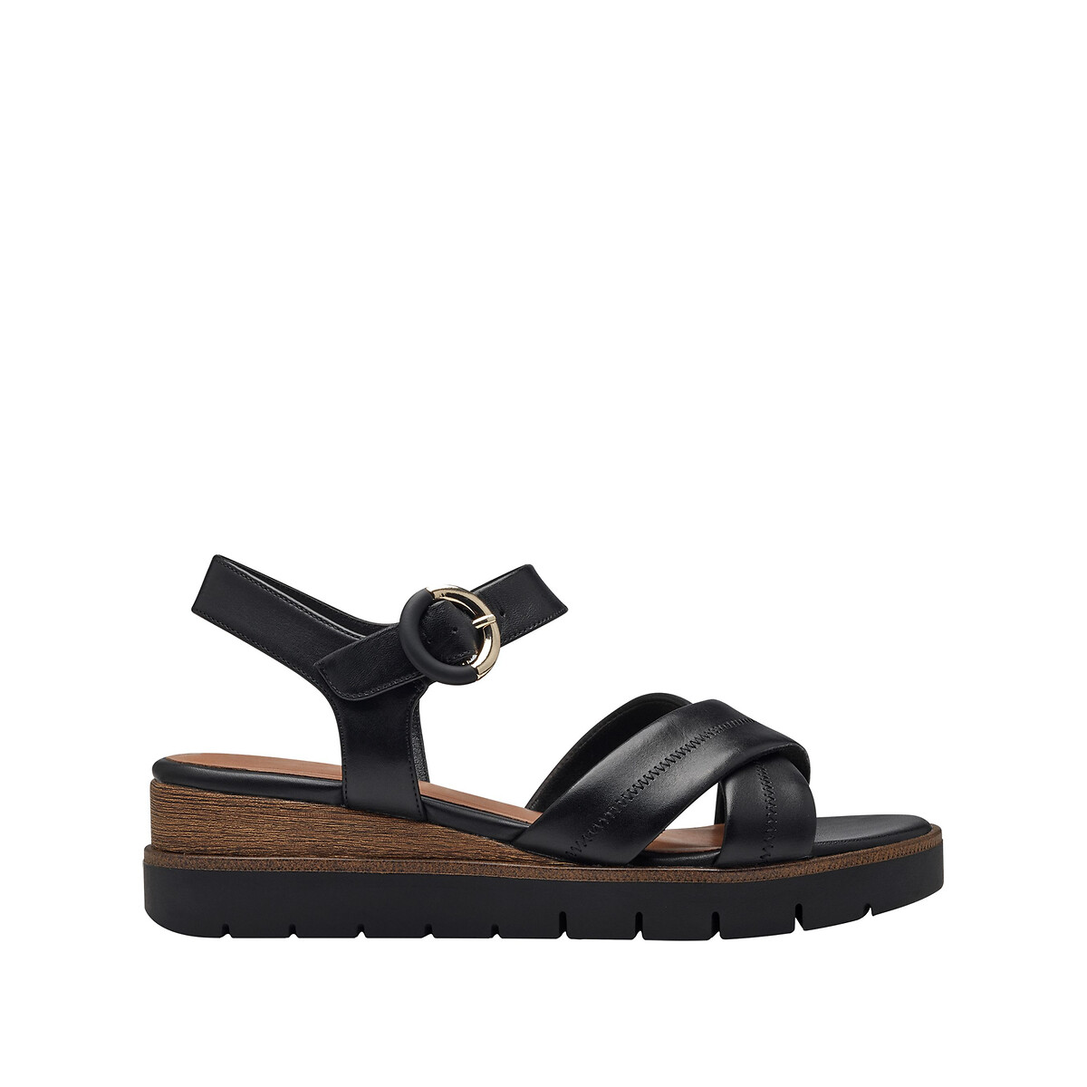 Sandales compensées en cuir noir, TAMARIS