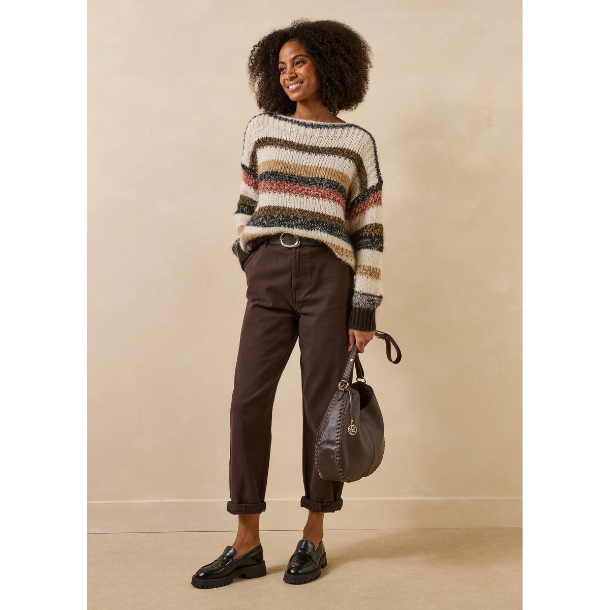 Pull rayé écru et beige ample manches longues ecru/chanvre, LA FEE MARABOUTEE