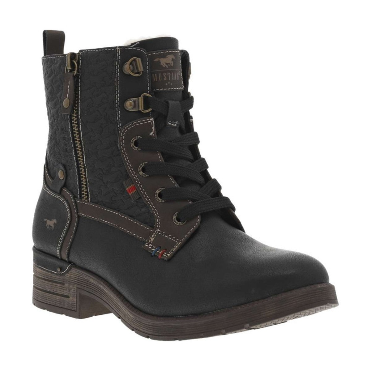 Bottines noires à talon décroché bas avec un zip et des lacets ronds noires, MUSTANG