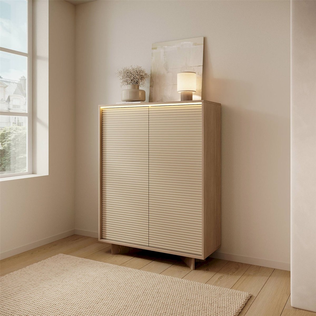 Buffet haut lumineux SEMI portes rainurées bois bolivar naturel et cappuccino, RECOLLECTION